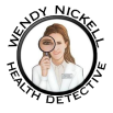 Health Detective Wendy Logo, Wendy holding a magnifying glass with text that reads "Wendy Nickell Health Detective"