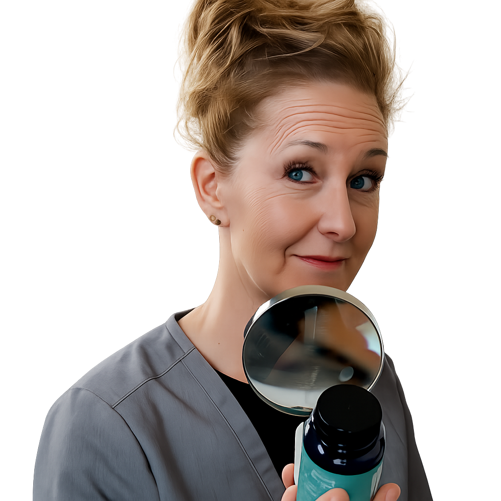 Wendy Nickell, Las Vegas Nutritionist and Dietician, in clinical attire with a magnifying glass and nutritional supplements