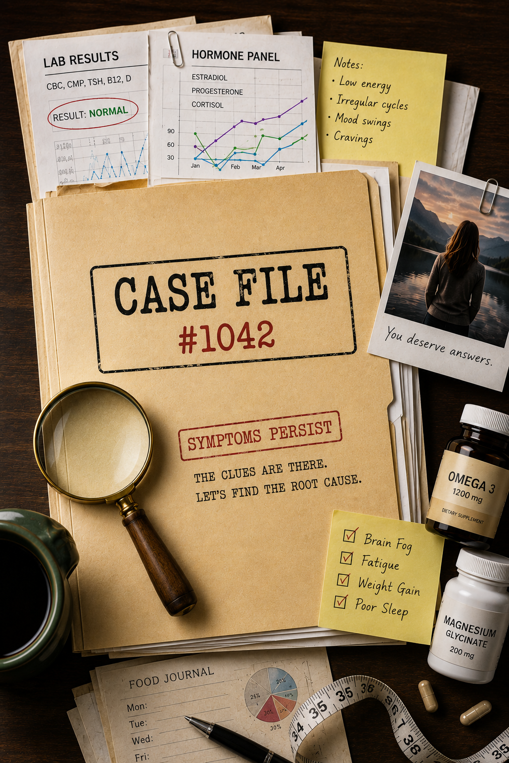A case file with lab results, hormone charts, symptom notes, and the message: symptoms persist, let’s find the root cause.